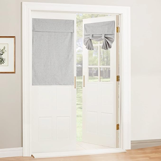 RYB HOME 100% Blackout Curtains for Small Window, Linen Textured Blend Insulating Privacy French Door Curtains Tie Up Shades for Kitchen Storage Cabinet Basement, W 34 x L 40, Light Grey, 1 Panel
