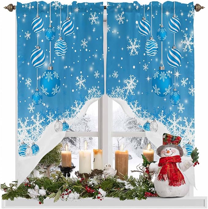 Prime Leader Blue Christmas Balls Swag Valance Curains Xmas Snowflake Christmas Rod Pocket Kitchen Curtains Scalloped Window Treatment Valances Swag for Living Room Bedroom, 1 Pair, 36" W x 45" L