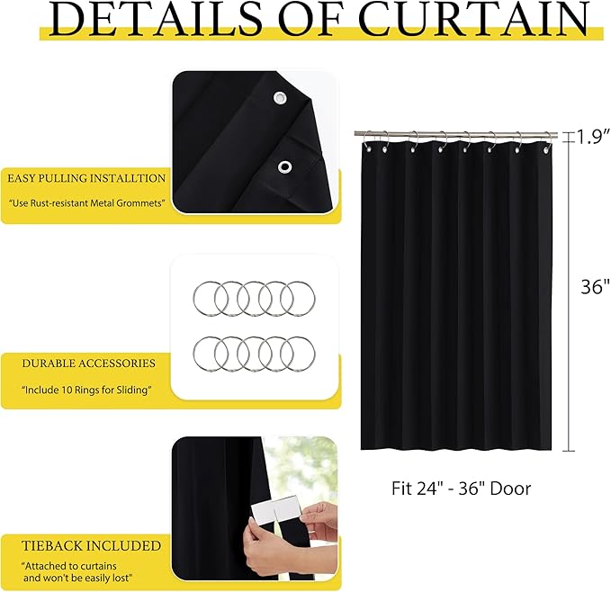 NICETOWN Thermal Insulated Blackout Curtains for French Door, Small Window Tiers Privacy for Bathroom Kitchen Laundry RV for Caravan, 38 inch Wide by 36 in Long, Black, 1 Panel
