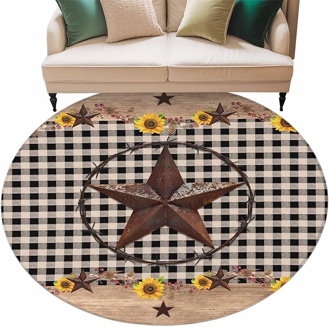 Washable Round Area Rug Western Star Farm Sunflower Circle Rugs Floor Carpet for Living Room Bedroom, Vintage Wood Grain Black Buffalo Plaid Soft Non Slip Round Rug 5ft