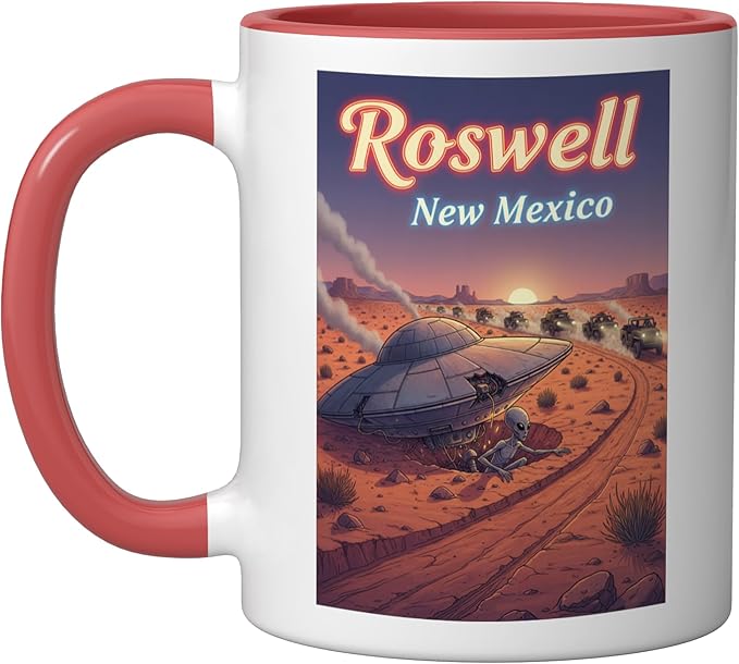 Roswell New Mexico UFO Crash in the Desert Alien Souvenir Ceramic Mug, Red/White