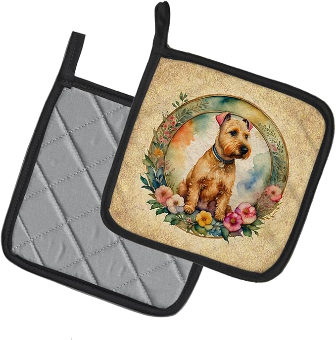 Caroline's Treasures Lakeland Terrier and Flowers Pair of Pot Holders Kitchen Heat Resistant Pot Holders Sets Oven Hot Pads for Cooking Baking BBQ, 7 1/2 x 7 1/2