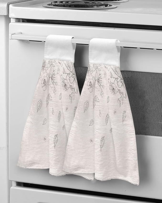 Alandar Home Kitchen Tie Towel Set of 2, Flower Sketch on Burlap Linen Absorbent Soft Hand Towels for Bathroom Hanging Towels, Blossoming Floral Falling Leaves Fast Drying Cleaning Cloth with Loop