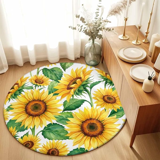 Washable Round Area Rug Summer Garden Sunflower Leaves Circle Rugs Floor Carpet for Living Room Bedroom, Farm Blossom Floral Soft Non Slip Round Rug 5ft