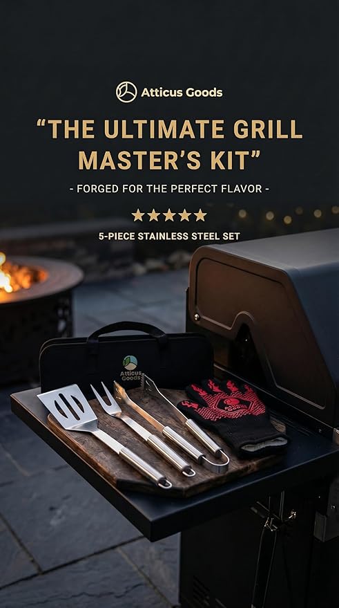 Stainless Steel Grill Set, 5 Piece Heavy Duty Barbecue Tools, BBQ Grilling Accessories Grill Kit with Tongs, Spatula, Fork, Gloves and Zippered Carry Bag