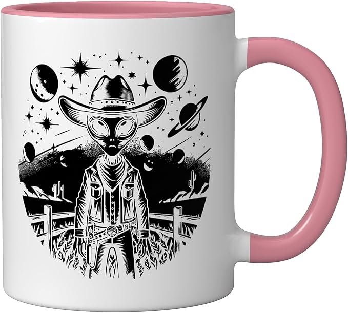 Alien Lover Flying Saucer UFO Extraterrestrial Cowboy Ceramic Mug, Pink/White