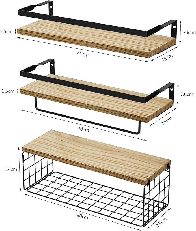 Upgrade Towel Racks for Bathroom Wall Mounted, 3 Pack Floating Shelves with Storage Basket, Bathroom Organizes, Wall Mounted Rustic Wood Shelves for Bedroom, Living Room, Kitchen (Yellow)