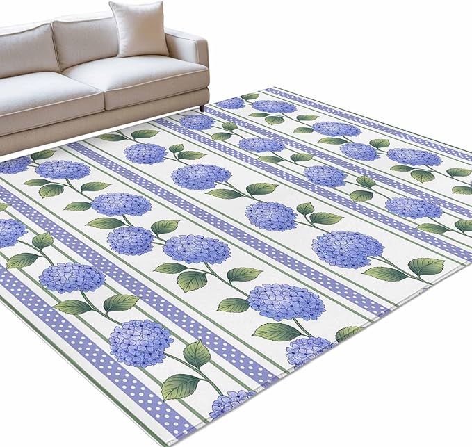 Area Rug 8x10ft, Garden Purple Hydrangea Flower Washable Rugs for Living Room Bedroom, Watercolor Floral Leaves Soft Non-Slip Area Rugs Rectangle Floor Carpet for Dining Room