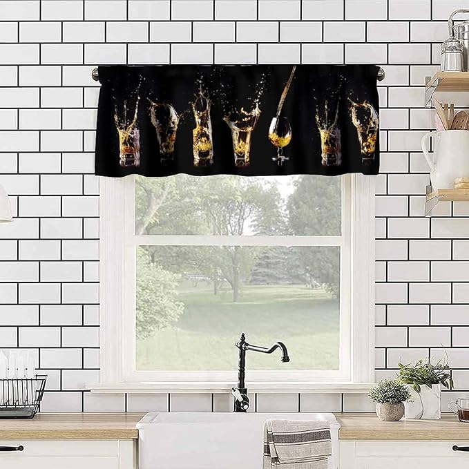 Whiskey Curtain Valance, Western Alcohol Splash Rustic Farmhouse Short Window Treatment for Kitchen Dining Cafe Pub Bar Bedroom Living Room, 54x18Inch