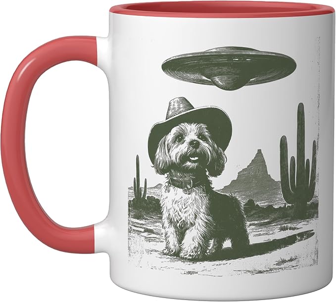 Retro Cowboy Dog UFO Desert Landscape Art Ceramic Mug, Red/White