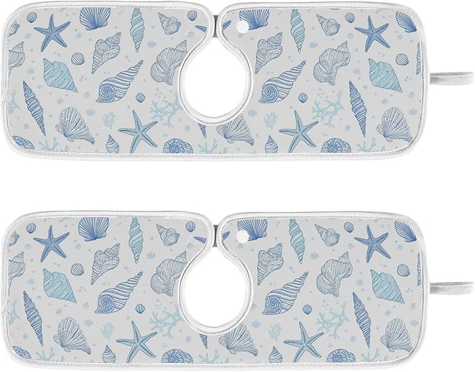 Kitchen Faucet Absorbent Mat, Seashells Starfish Water Splash Guard for Sink, Drip Catcher Thicken Sponge Microfiber Water Catcher Mat 30x5in 2 Pack
