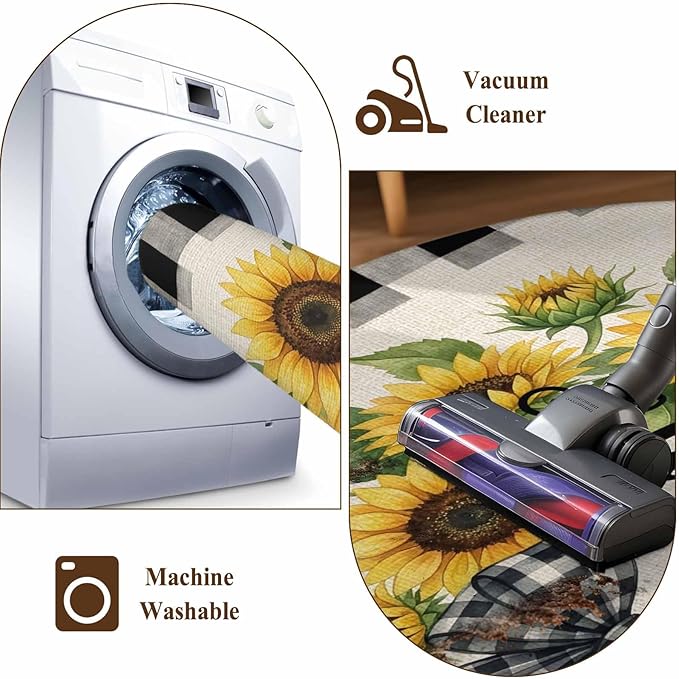 Washable Round Area Rug Summer Words Farm Sunflowers Circle Rugs Floor Carpet for Living Room Bedroom, Butterflies Country Floral Soft Non Slip Round Rug 3ft