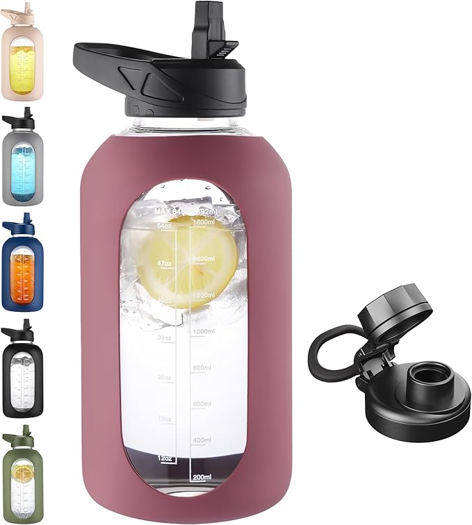 CIVAGO 64 oz Glass Water Bottle Jug with Straw and Handle, Half Gallon Sports Motivational Water Bottle with Time Marker, Wide Mouth Water Flask Canteen with Silicone Sleeve for Gym, Rose Taupe