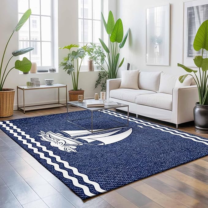 Area Rug 8x10ft, Nautical Sailing Boat on Steel Blue Washable Rugs for Living Room Bedroom, Vintage Water Waves Soft Non-Slip Area Rugs Rectangle Floor Carpet for Dining Room