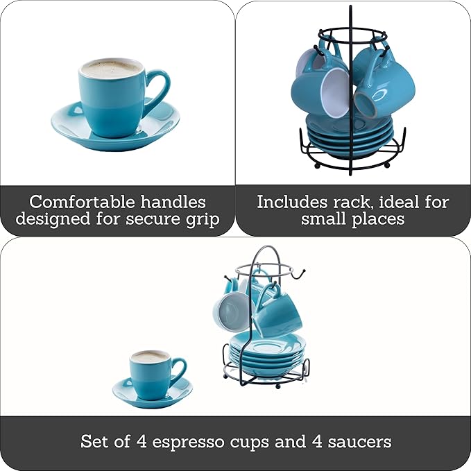 IMUSA USA 8pc 3oz Blue and White Espresso Cups & Saucers Set w/Storing Rack, 8pc, Teal