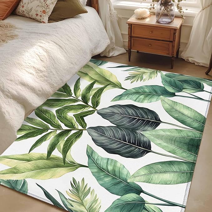 Area Rug 3x5ft, Summer Green Tropical Palm Leaves Washable Rugs for Living Room Bedroom, Watercolor Plant Soft Non-Slip Area Rugs Rectangle Floor Carpet for Dining Room
