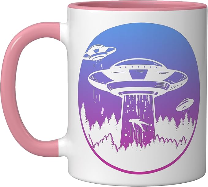 Flying Saucer UFO, Astronauts are Aliens Ceramic Mug, Pink/White