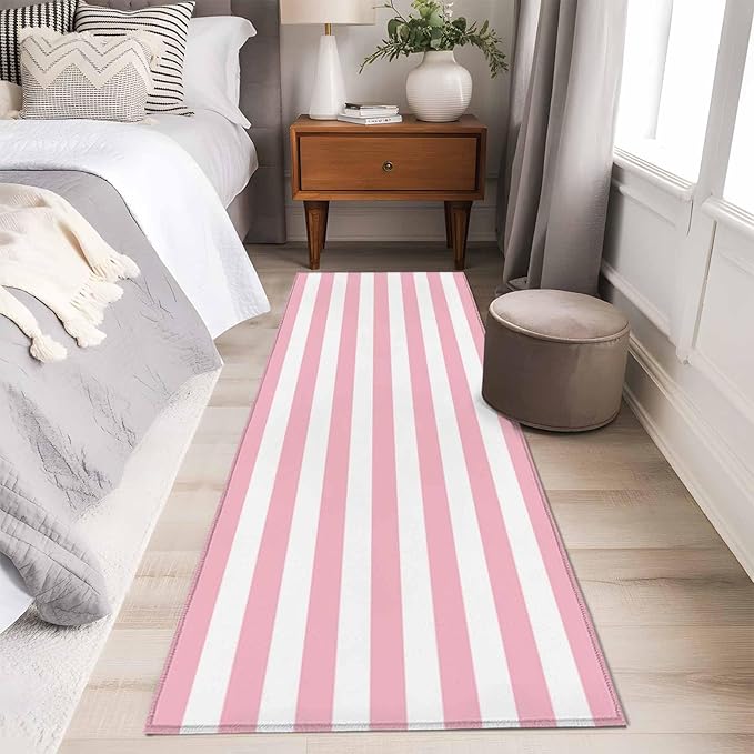 Runner Rug for Bedroom Hallway, Pink White Stripe Kitchen Runner Rugs Area Rug 2x6ft, Classic Geometric Line Washable Soft Floor Carpet for Entryway Stair