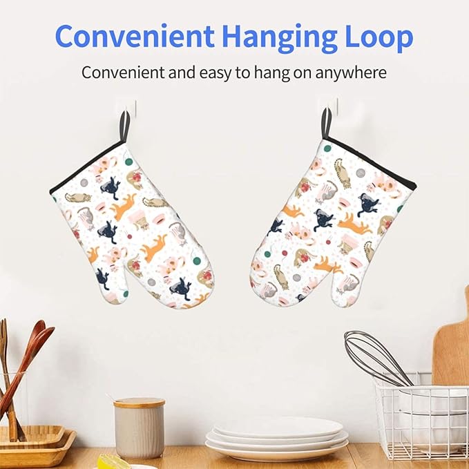 Cute Cat Design Oven Mitts of 2-Pack Set, Funny Kitchen Gloves Heat Resistant Non-Slip Kitchen Mitts Safe Cooking Baking Grilling