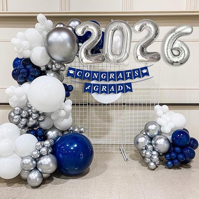 Graduation Decorations Class of 2026: Navy Blue and Silver Graduation Balloon Arch Garland Kit and Silver Confetti Balloons Congrats Grad Banner 2026 Foil Balloon