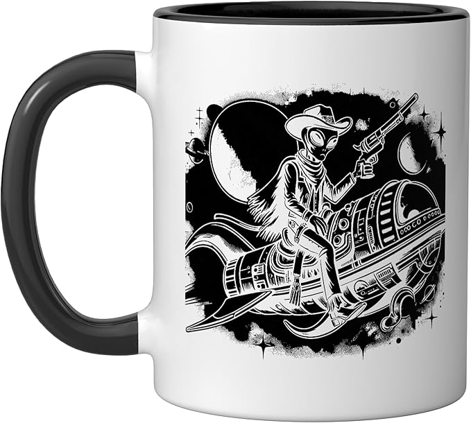 Alien Lover Flying Saucer UFO Extraterrestrial Cowboy Ceramic Mug, Black/White