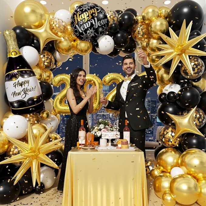 Black and Gold White Balloons Garland Arch Kit - Different Size Balloons Gold Fringe Curtain Backdrop for Graduation Birthday Anniversary New Years Theme Party Decorations
