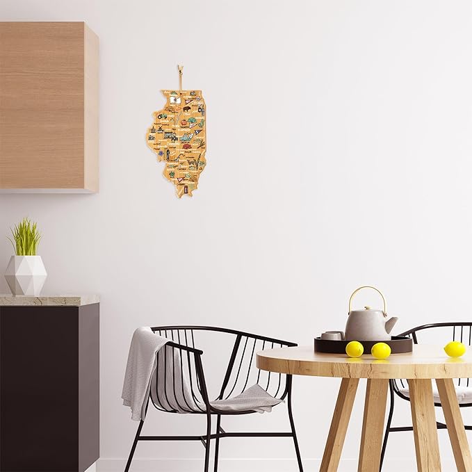 Totally Bamboo Illinois State Shaped Cutting Board and Charcuterie Serving Platter with Artwork by Fish Kiss, Includes Hang Tie for Wall Display