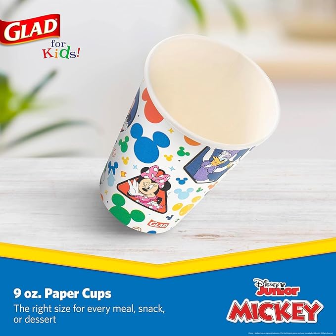 Glad for Kids Disney Mickey and Friends Disposable Paper Cups, Mickey Mouse - Heavy Duty Soak-Proof Kid-Friendly Drinking Cups, Great for Everyday Meals and Snacks, 9 oz, 24 Count - 10 Pack