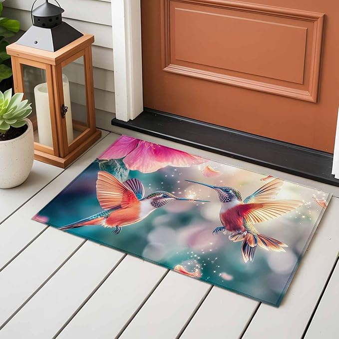 Area Rug 2x3ft, Spring Hummingbird Pink Petals Flowers Washable Rugs for Living Room Bedroom, Dreamlike Animal Focus Scenery Soft Non-Slip Area Rugs Rectangle Floor Carpet for Dining Room