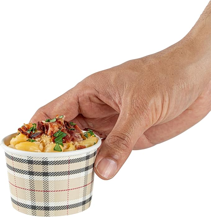 Restaurantware Coppetta 4-Ounce Dessert Cups, 50 Disposable Ice Cream Cups - Lids Sold Separately, Heavy-Duty, Plaid Paper Frozen Yogurt Bowls, For Hot And Cold Foods