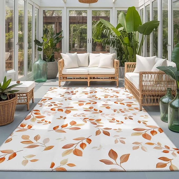 Area Rug 3x5ft, Autumn Orange Leaf Botanical Washable Rugs for Living Room Bedroom, Abstract Vine Pattern Soft Non-Slip Area Rugs Rectangle Floor Carpet for Dining Room