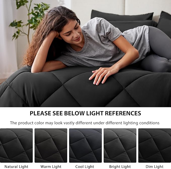 Love's cabin Twin Comforter Set Black, 5 Pieces Twin Bed in a Bag, All Season Bedding Sets with 1 Comforter, 1 Flat Sheet, 1 Fitted Sheet, 1 Pillowcase and 1 Pillow Sham | Soft, Breathable, Lightweight, Comfortable
