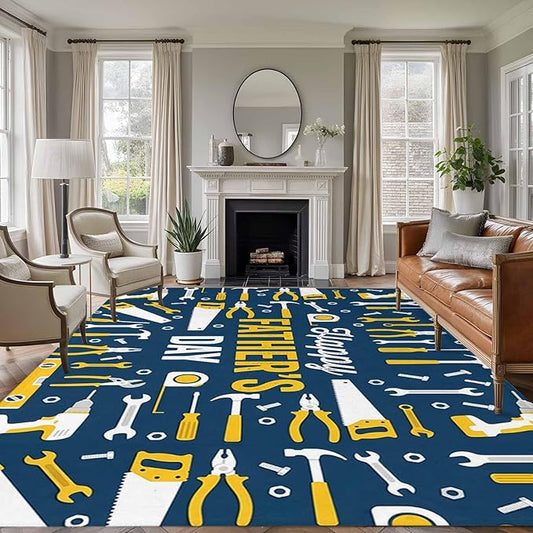Father's Day Rectangle Rug 6x9 ft Hand Tools Workshop Equipment Soft Area Rug for Living Room Washable Non-Slip Carpet Indoor Mat for Bedroom Dining Room Holiday Decor