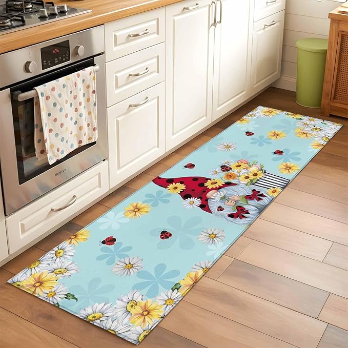Runner Rug for Bedroom Hallway, Summer Ladybug Gnome Daisy Flower Kitchen Runner Rugs Area Rug 2x6ft, Watercolor Bloom Floral on Blue Washable Soft Floor Carpet for Entryway Stair