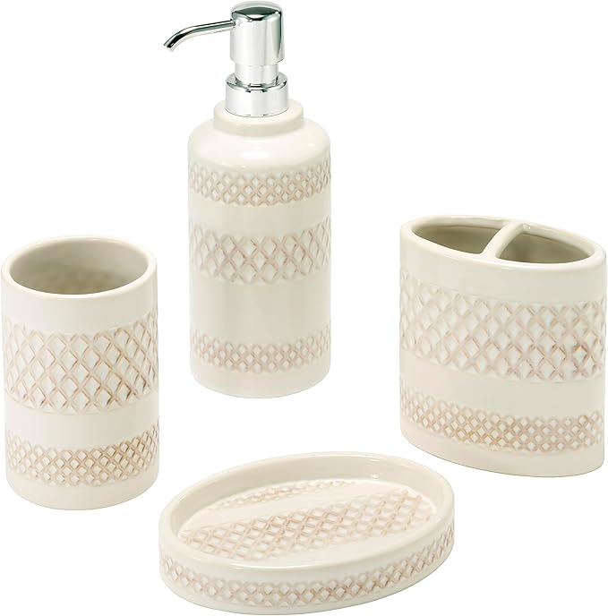 Nicole Miller – Bathroom Accessory Set, Glossy Ceramic with Embossed Trellis Bands & Hand-Applied Reactive Glaze, Decorative Lotion Pump, Soap Dish, Toothbrush Holder & Tumbler (Lyra)
