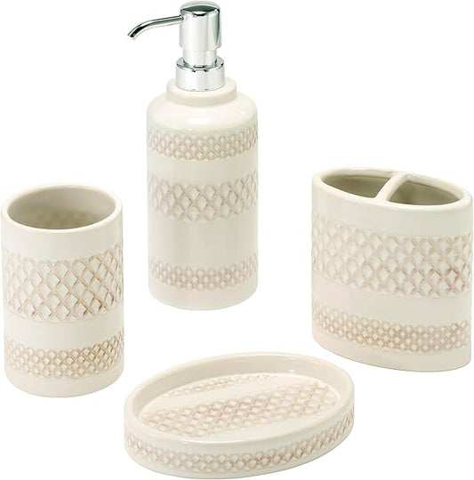 Nicole Miller – Bathroom Accessory Set, Glossy Ceramic with Embossed Trellis Bands & Hand-Applied Reactive Glaze, Decorative Lotion Pump, Soap Dish, Toothbrush Holder & Tumbler (Lyra)