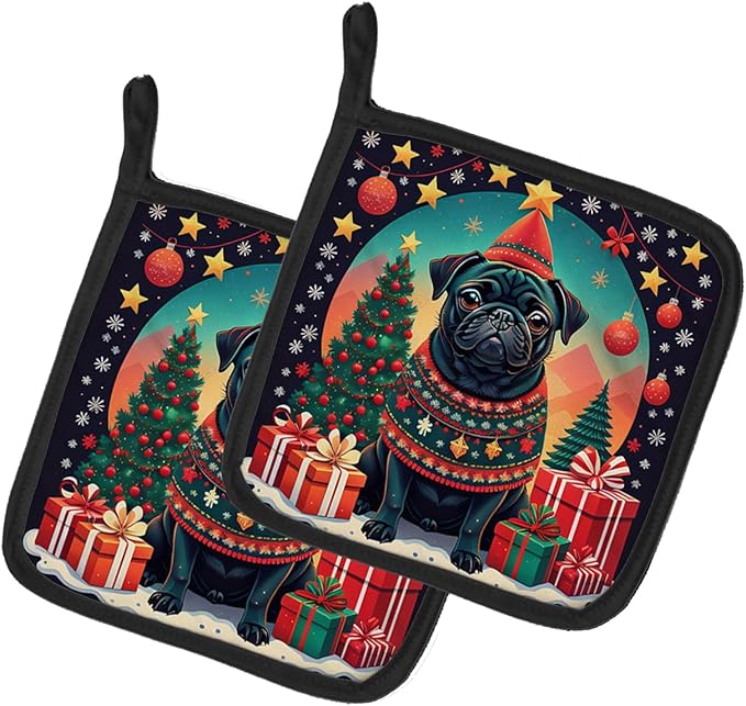 Caroline's Treasures Black Pug Christmas Pair of Pot Holders Kitchen Heat Resistant Pot Holders Sets Oven Hot Pads for Cooking Baking BBQ, 7 1/2 x 7 1/2