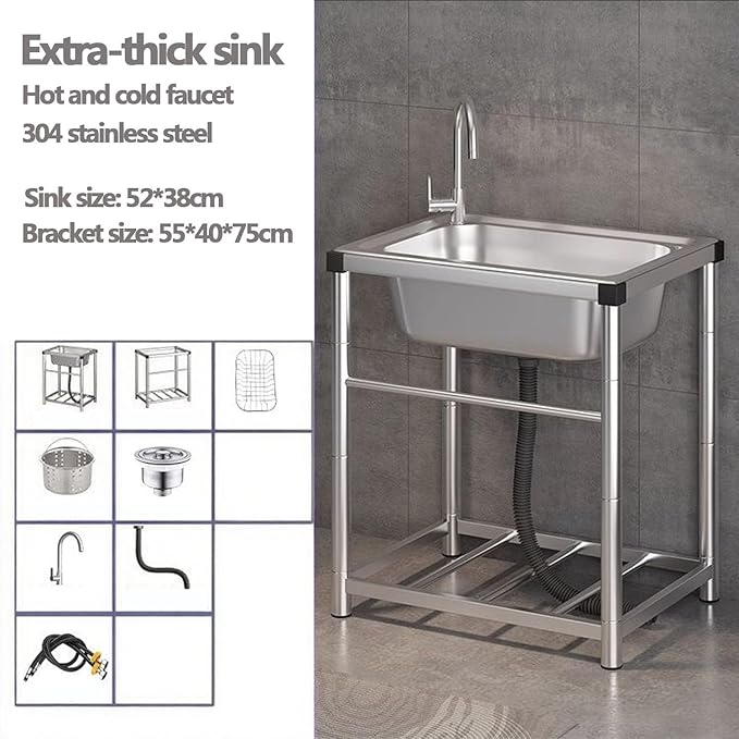Outdoor Stainless Steel Utility Sink,Standalone Stainless Steel Sink,Small Stainless Steel Utility Kitchen Sink Tub with Storage Shelve and Faucet for Restaurant,Bar,Laundry, Garage, Backyard