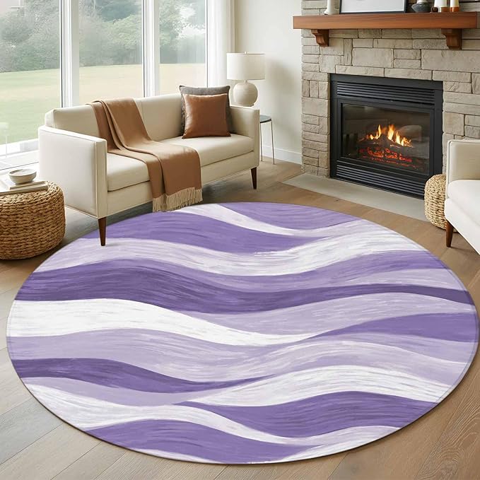 Washable Round Area Rug Abstract Lavender Purple White Water Ripples Circle Rugs Floor Carpet for Living Room Bedroom, Modern Art Soft Non Slip Round Rug 5ft