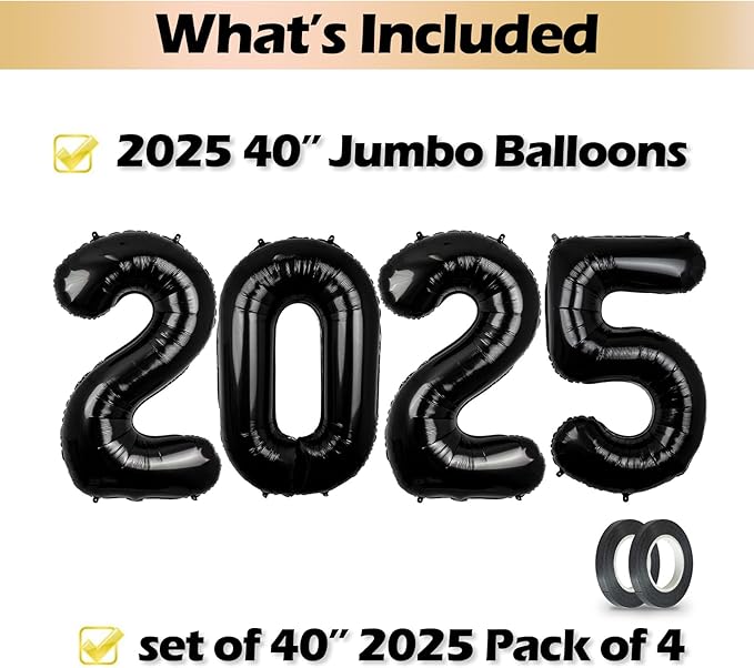 40 Inch 2025 Pack of 4 Black Big Helium Foil Balloon Numbers Large Mylar Number for Christmas New Year's Eve Party Graduation Birthday