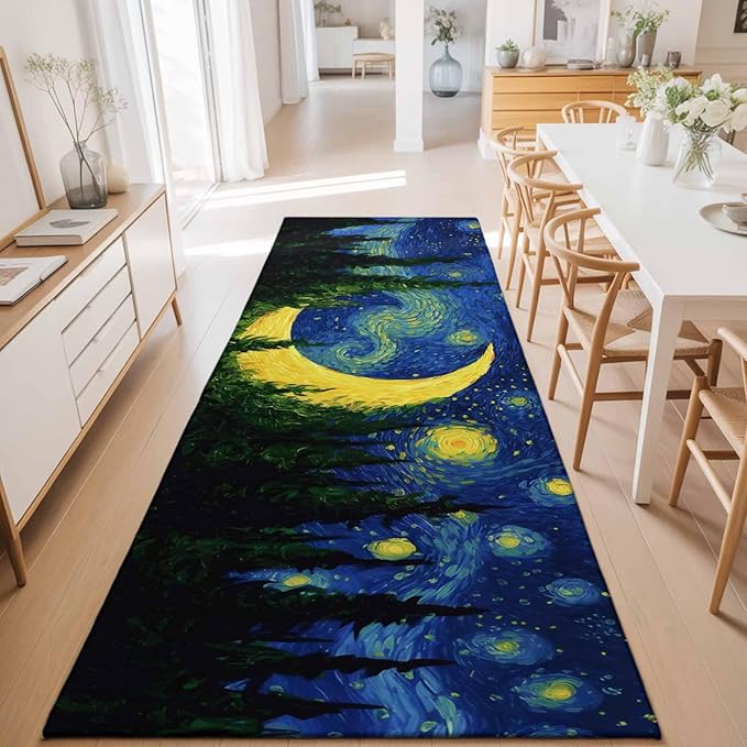 Runner Rug for Bedroom Hallway, Giant Moon Forest Expressionist Art Kitchen Runner Rugs Area Rug 2x6ft, Dreamy Night Navy Blue Washable Soft Floor Carpet for Entryway Stair