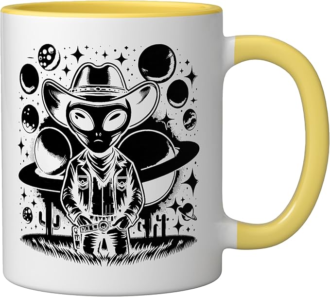 Alien Lover Flying Saucer UFO Extraterrestrial Cowboy Ceramic Mug, Yellow/White