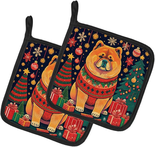 Caroline's Treasures Chow Chow Christmas Pair of Pot Holders Kitchen Heat Resistant Pot Holders Sets Oven Hot Pads for Cooking Baking BBQ, 7 1/2 x 7 1/2