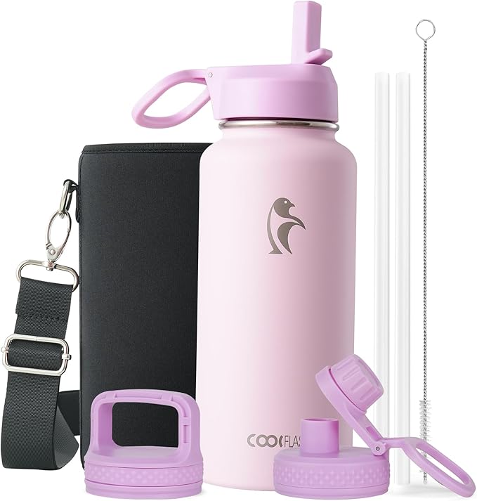 Coolflask Water Bottle 32 oz Insulated with Straw, Stainless Steel Metal 3 Lids Water Flask Wide Mouth for Sports or Office, Non-BPA Keep Cold Up to 48 Hrs or Hot Up to 24 Hrs, Pink
