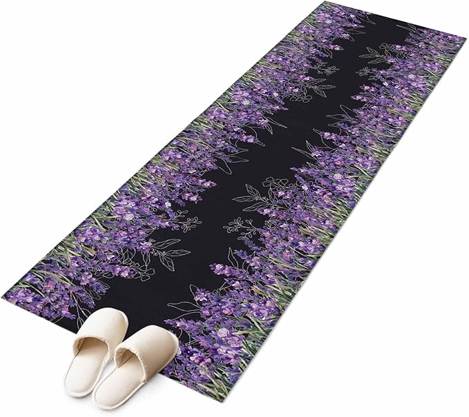 Runner Rug for Bedroom Hallway, Spring Purple Lavender Flower Kitchen Runner Rugs Area Rug 2x6ft, Watercolor Floral on Black Washable Soft Floor Carpet for Entryway Stair