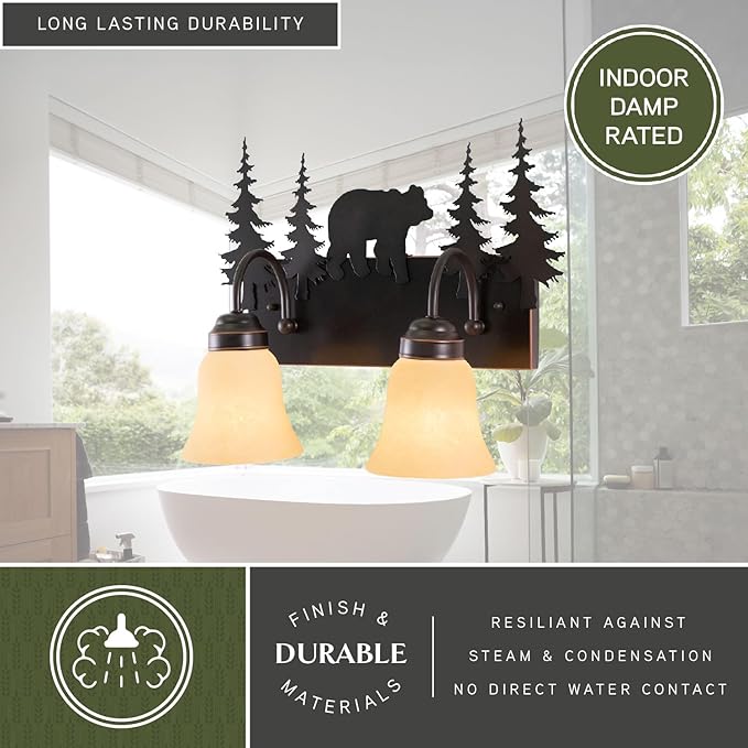 VAXCEL Bozeman 2-Light 16.75 inch Wide Burnished Bronze Rustic Cabin Bathroom Vanity Lighting Fixture, Amber Flake Glass Shade, Bear and Trees, Dimmable, LED Compatible, Over the Mirror Wall Mounted