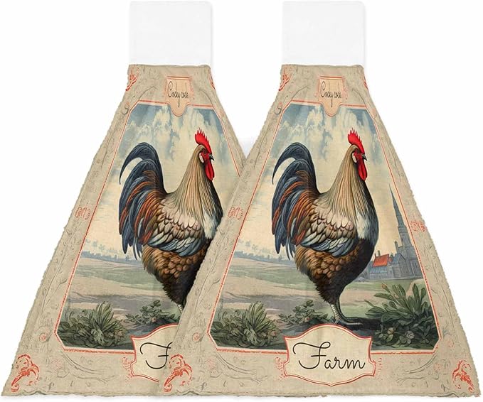 Alandar Home Kitchen Tie Towel Set of 2, Farmhouse Rustic Animal Rooster Absorbent Soft Hand Towels for Bathroom Hanging Towels, Vintage Flower Texture Fast Drying Cleaning Cloth with Loop