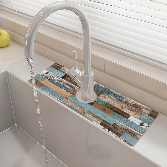15" X 5.5" Kitchen Sink Splash Guard Faucet Mat Wood Grain Super Absorbent Fast Drying Faucet Guard & Draining Mat Sink Splash Guard Behind Faucet for Kitchen, Bathroom