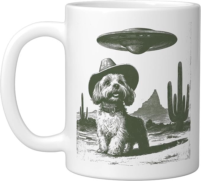 Retro Cowboy Dog UFO Desert Landscape Art Ceramic Mug, White