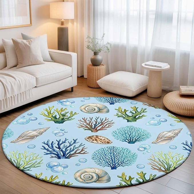 Washable Round Area Rug Coastal Shell Coral Bubble Circle Rugs Floor Carpet for Living Room Bedroom, Nautical Ocean Blue Underwater Scene Soft Non Slip Round Rug 3ft